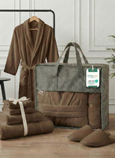 Luxury 7PC Egyptian Cotton Bath Bundle Set Brown – Bathrobe, Towels, Slippers