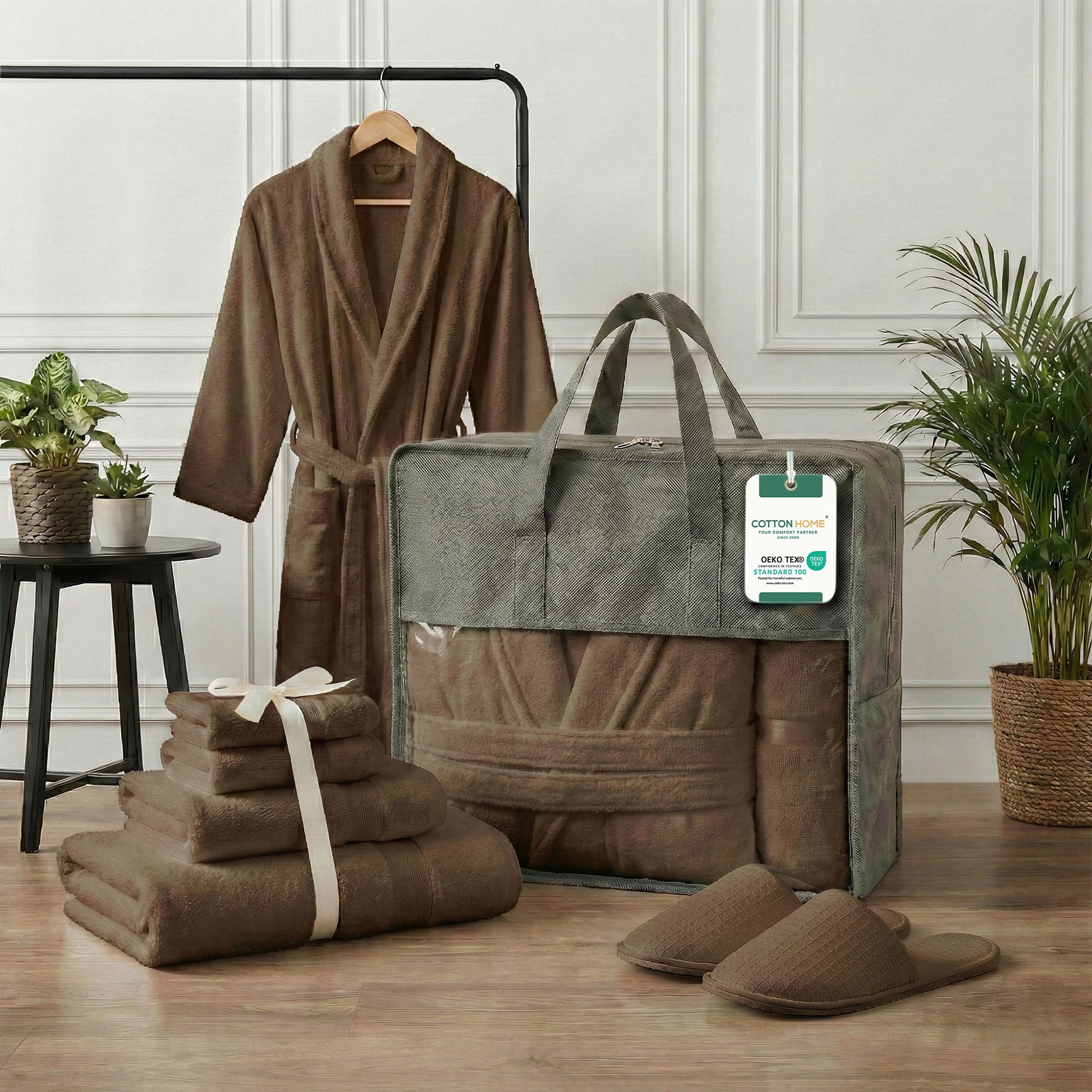 Luxury 7PC Egyptian Cotton Bath Bundle Set Brown – Bathrobe, Towels, Slippers