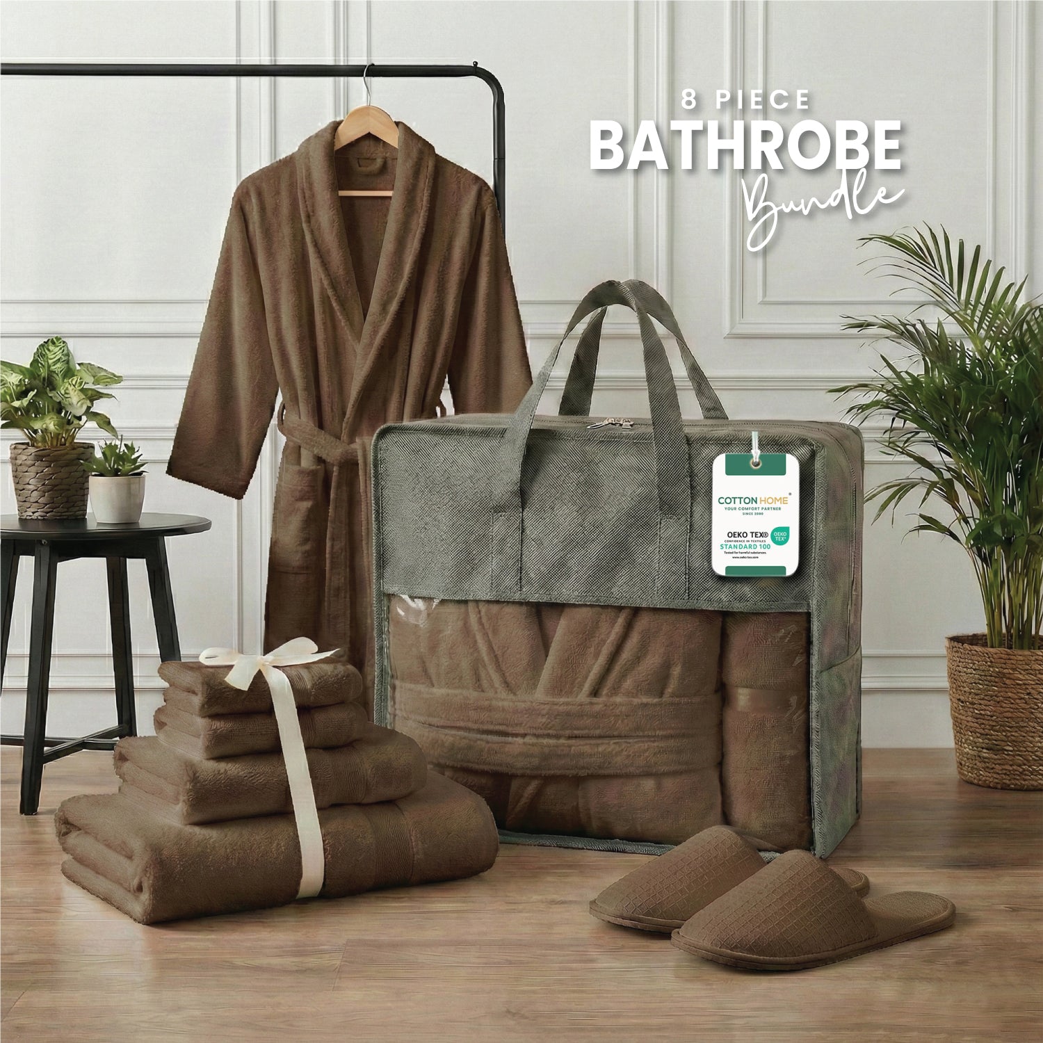 Luxury 7PC Egyptian Cotton Bath Bundle Set Brown – Bathrobe, Towels, Slippers