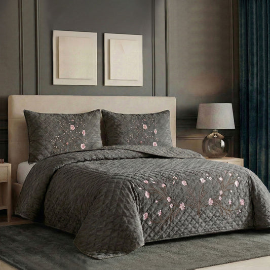 Velvet Quilt Set 3-Piece Diamond Quilted Bedspread Set 220×240cm with two pillow case Brown