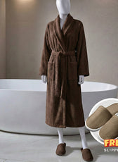 Premium Cotton Brown Terry Bathrobe with Pockets, One Size Fits All with Free Bath Slippers