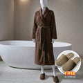 Premium Cotton Brown Terry Bathrobe with Pockets, One Size Fits All with Free Bath Slippers