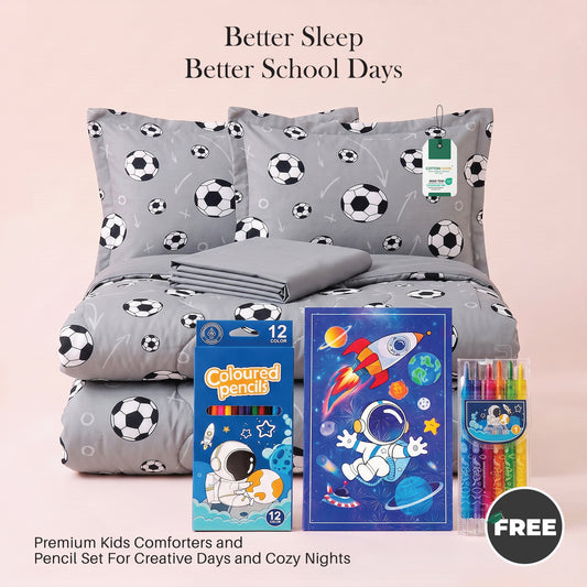 Back to School Essentials 4PC Premium Cotton Kids Bedding & Free Pencil Set Football