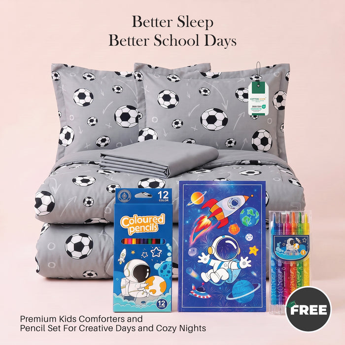 Back to School Essentials 4PC Premium Cotton Kids Bedding & Free Pencil Set Football