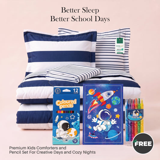 Back to School Essentials 4PC Premium Cotton Kids Bedding & Free Pencil Set Cosmic