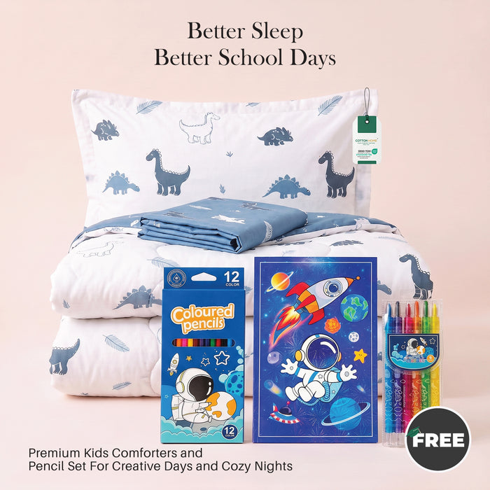 Back to School Essentials 3PC Premium Cotton Kids Bedding & Free Pencil Set Dino Space