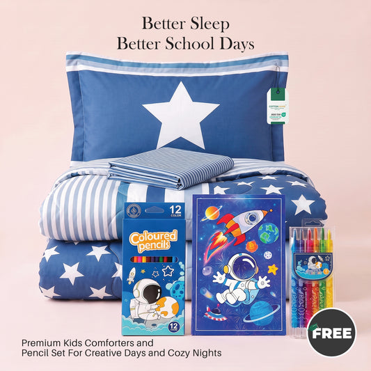 Back to School Essentials 3PC Premium Cotton Kids Bedding & Free Pencil Set Cosmic Space
