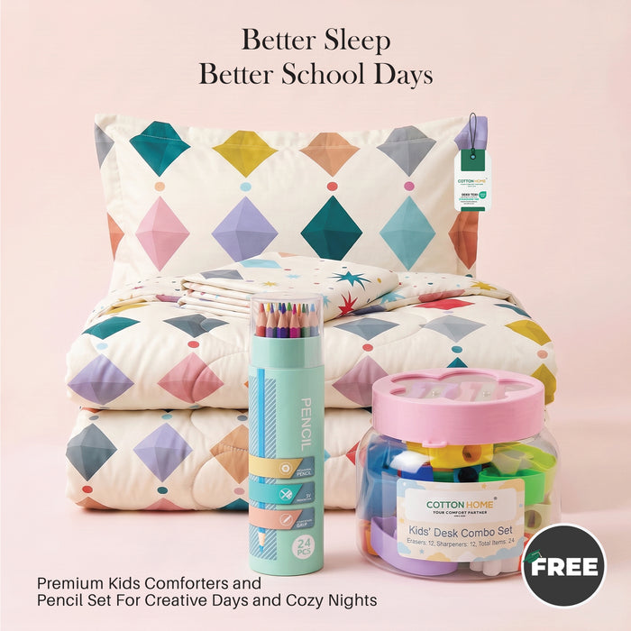 Back to School Essentials 3PC Premium Cotton Kids Bedding & Free Pencil Set Gems
