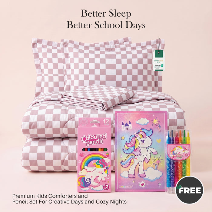 Back to School Essentials 4PC Premium Cotton Kids Bedding & Free Pencil Set Pink Block