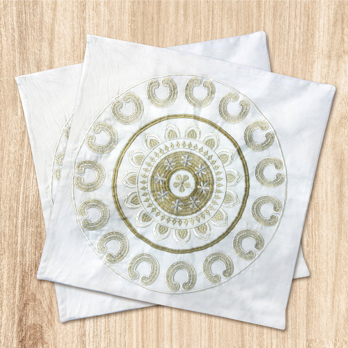 Embroidered Cushion - 100% Cotton Canvas, 45x45cm |  Ivory Floral Pattern |  Set of 2  | Cotton Home - Cotton Home