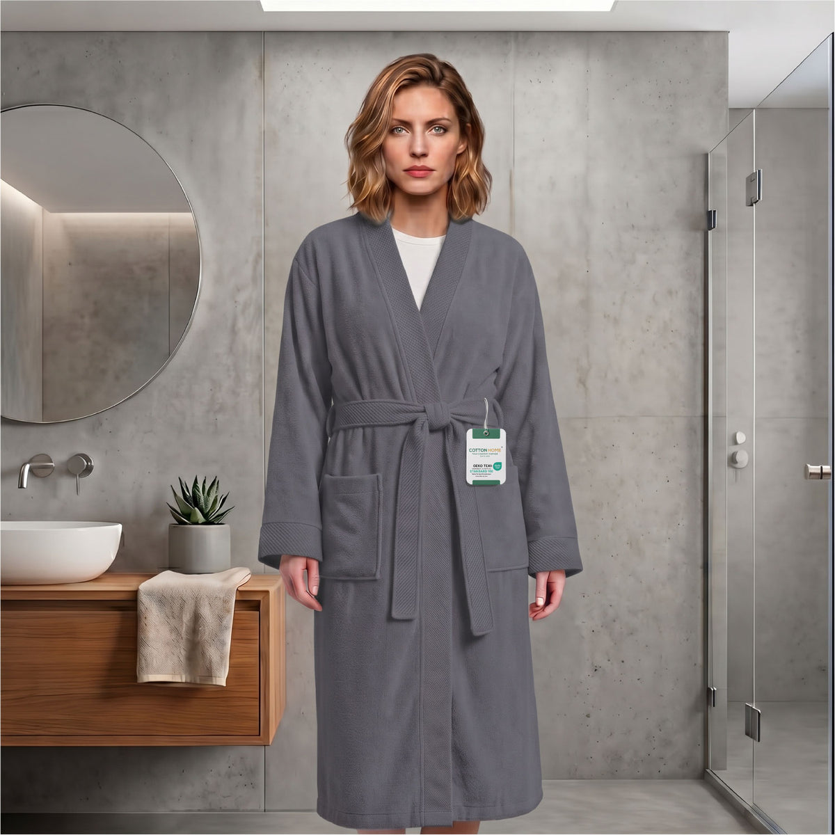 Plush Cotton Adult Bathrobe 100% Cotton Thick & Absorbent - Grey