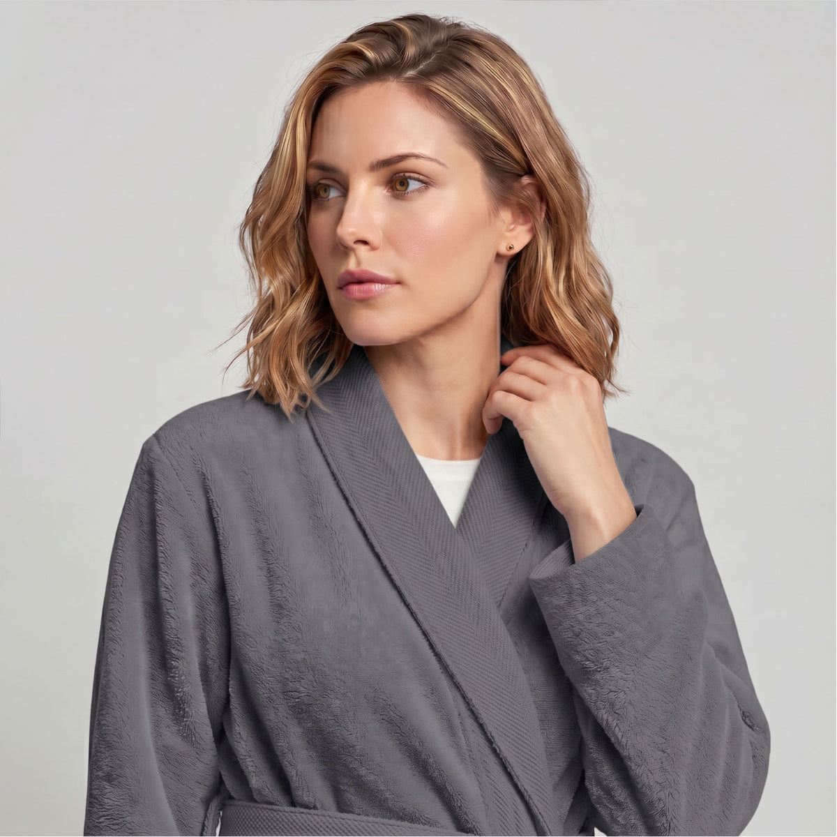 Plush Cotton Adult Bathrobe 100% Cotton Thick & Absorbent - Grey