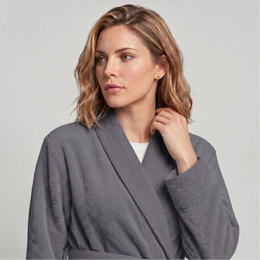 Plush Cotton Adult Bathrobe 100% Cotton Thick & Absorbent - Grey