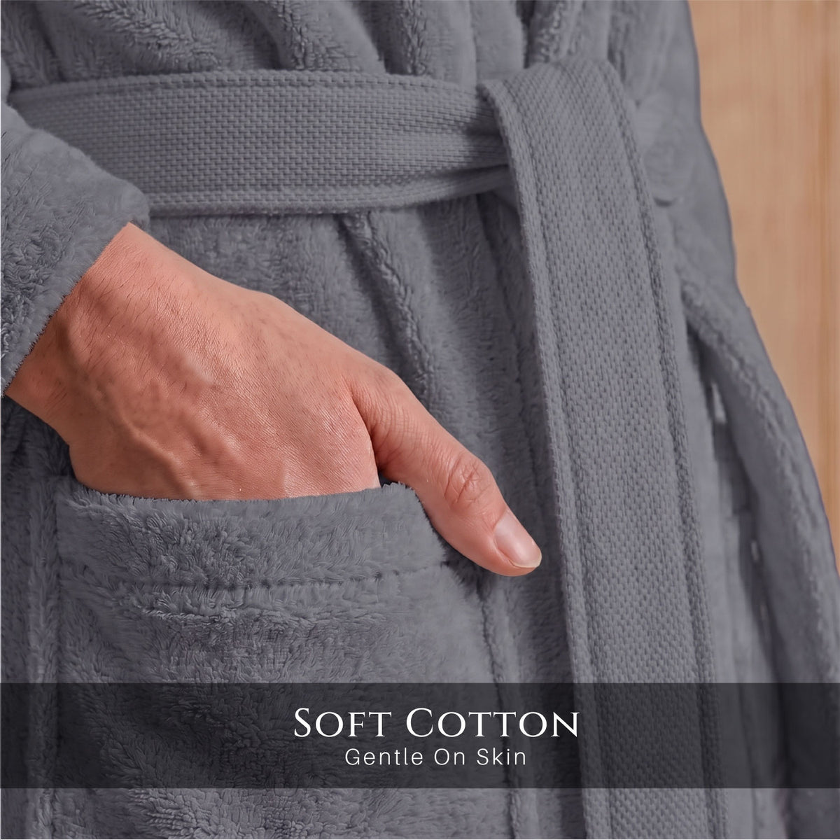 Plush Cotton Adult Bathrobe 100% Cotton Thick & Absorbent - Grey