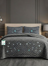 Velvet Quilt Set 3-Piece Diamond Quilted Bedspread Set 220×240cm with two pillow case Dark Gray