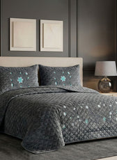 Velvet Quilt Set 3-Piece Diamond Quilted Bedspread Set 220×240cm with two pillow case Dark Gray