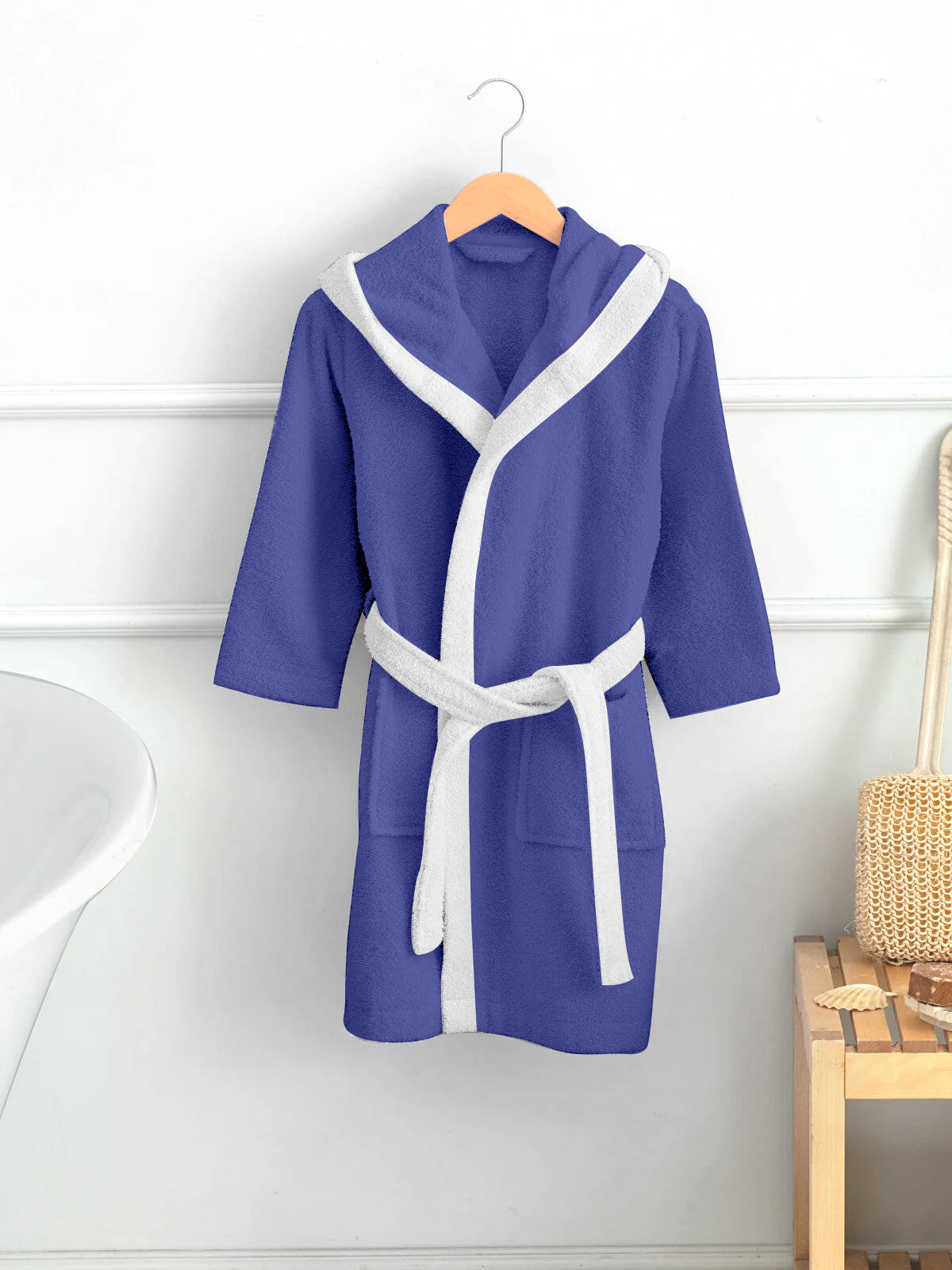 Premium Unisex Blue Bathrobe for Kids Ages 4-14 years with Hood and Tie Up Belt High quality Absorbent - Cotton Home