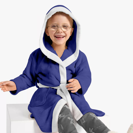 Premium Unisex Blue Bathrobe for Kids Ages 4-14 years with Hood and Tie Up Belt High quality Absorbent - Cotton Home