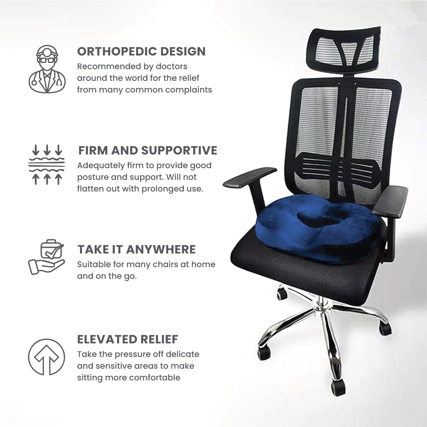 Ergonomic Memory Foam Donut Pillow for Tailbone & Hemorrhoid Pain Relief – 35x42cm, Blue