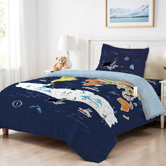 3PC Kids Duvet Cover Set – 135x220 Animal Atlas Design 100% Premium Cotton