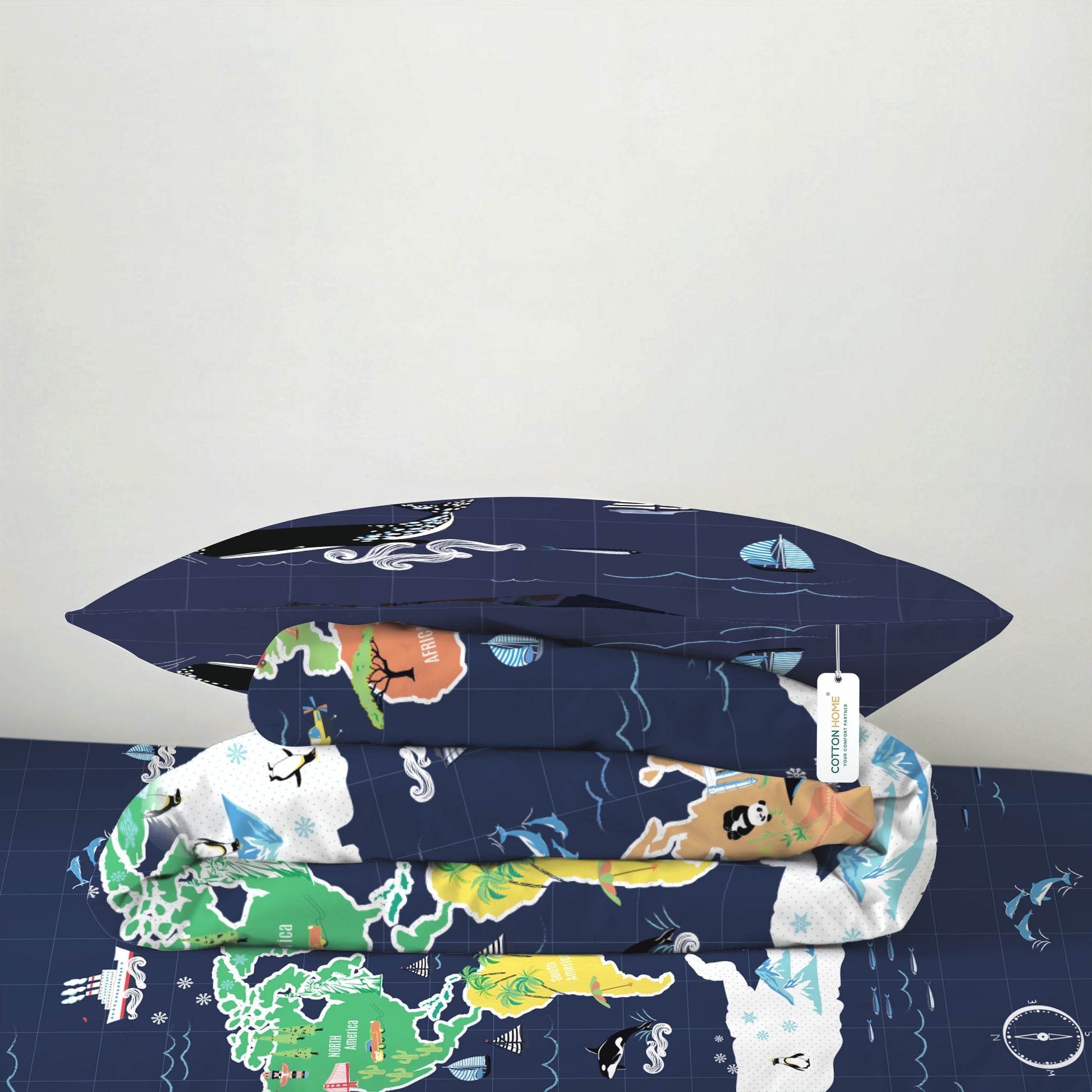 3PC Kids Duvet Cover Set – 135x220 Animal Atlas Design 100% Premium Cotton