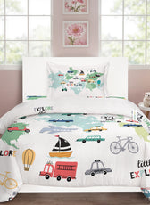 3PC Kids Duvet Cover Set – 135x220 Tiny Travelers Design 100% Premium Cotton