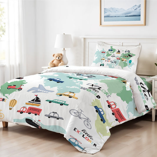 3PC Kids Duvet Cover Set – 135x220 Tiny Travelers Design 100% Premium Cotton