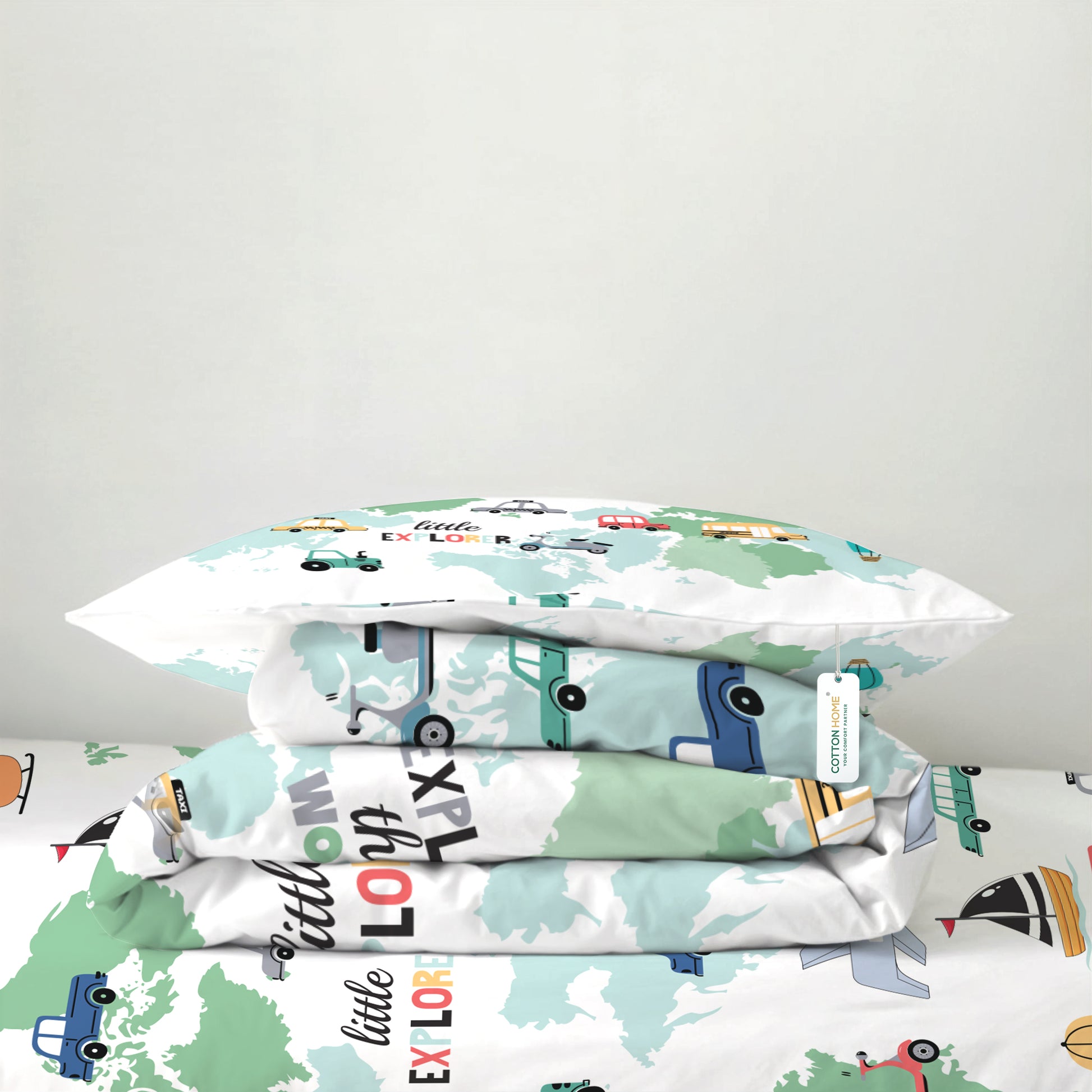 3PC Kids Duvet Cover Set – 135x220 Tiny Travelers Design 100% Premium Cotton