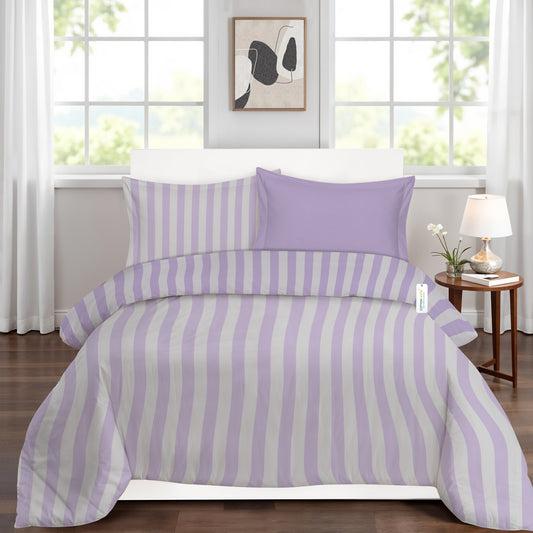 4PC Kids Duvet Cover Set – 160x220 Lavender Stripe Design 100% Premium Cotton