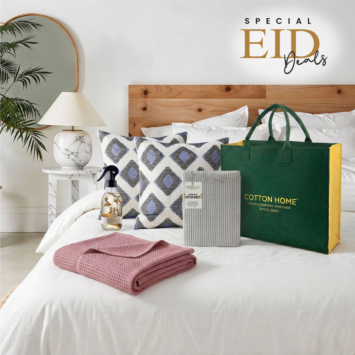 Waffle Blanket Fitted sheet Cushion and Home Fragrance set Bundle 02