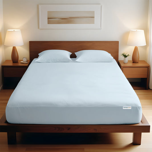 3 Piece Fitted Sheet Set Super Soft Sky Blue Super King Size 200x200+30cm with 2 Pillow Case - Cotton Home