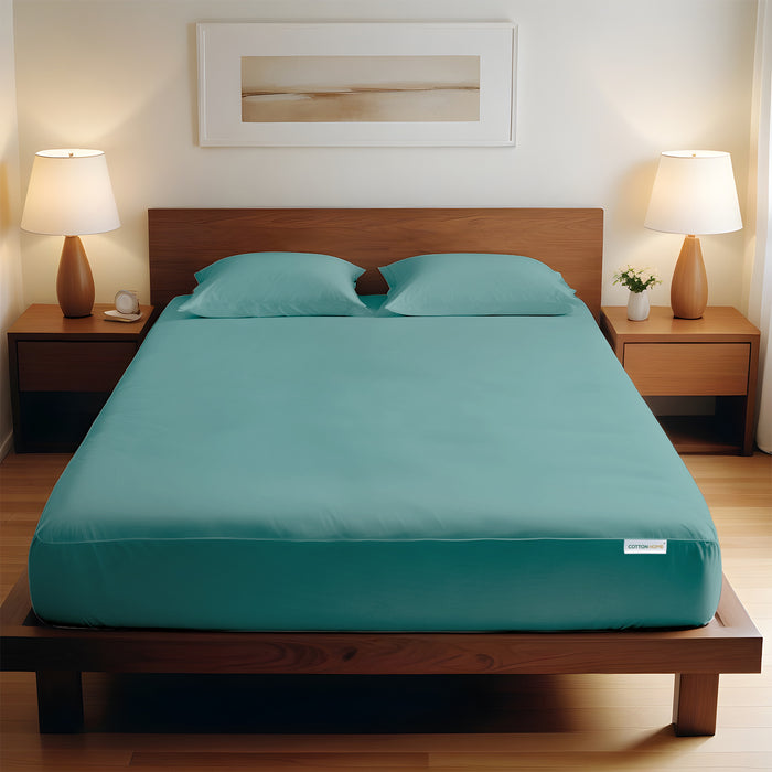3 Piece Fitted Sheet Set Super Soft Teal King Size 180x200+30cm with 2 Pillow Case - Cotton Home