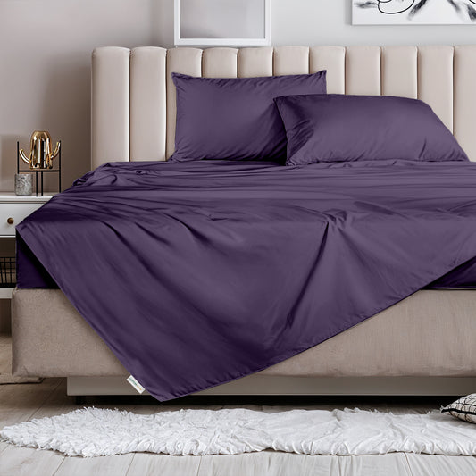 3 Piece Flat Sheet Set Supersoft Microfiber Dark Purple Queen Size 200x220 with 2 Pillow Case
