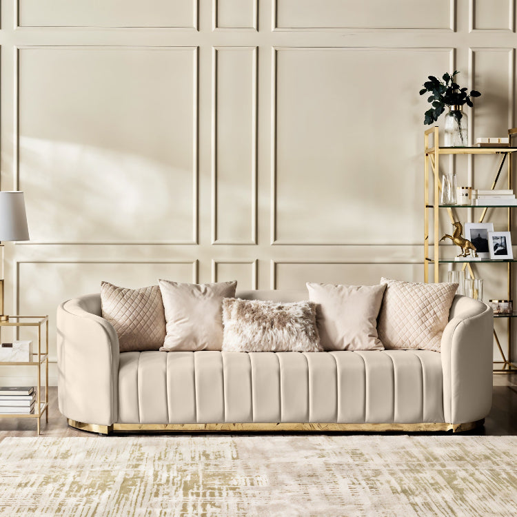 Fiona 3 Seater Velvet  Sofa -Ivory   - L247cm x W94cm x H81cm - Cotton Home