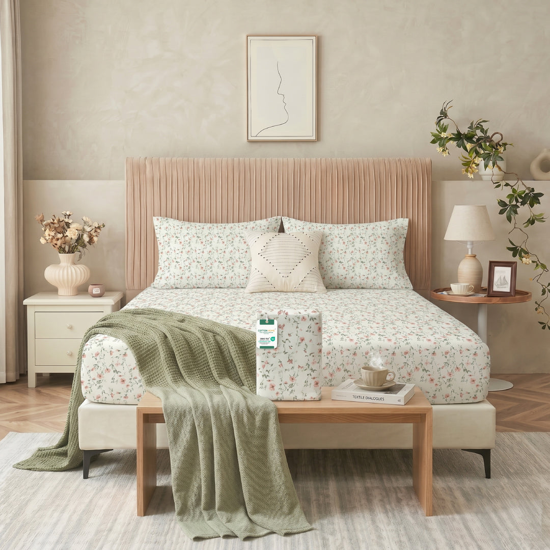 Premium Cotton King Size Printed Fitted Sheet 200X200+30CM -Botanical