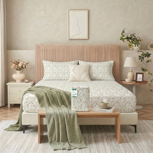 Premium Cotton King Size Printed Fitted Sheet 200X200+30CM -Botanical