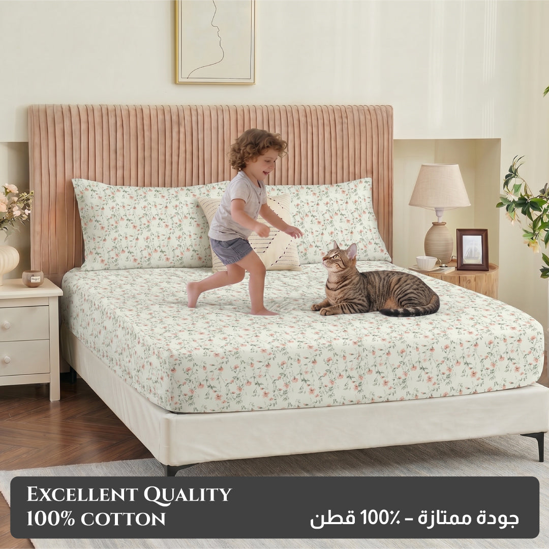 Premium Cotton King Size Printed Fitted Sheet 200X200+30CM -Botanical