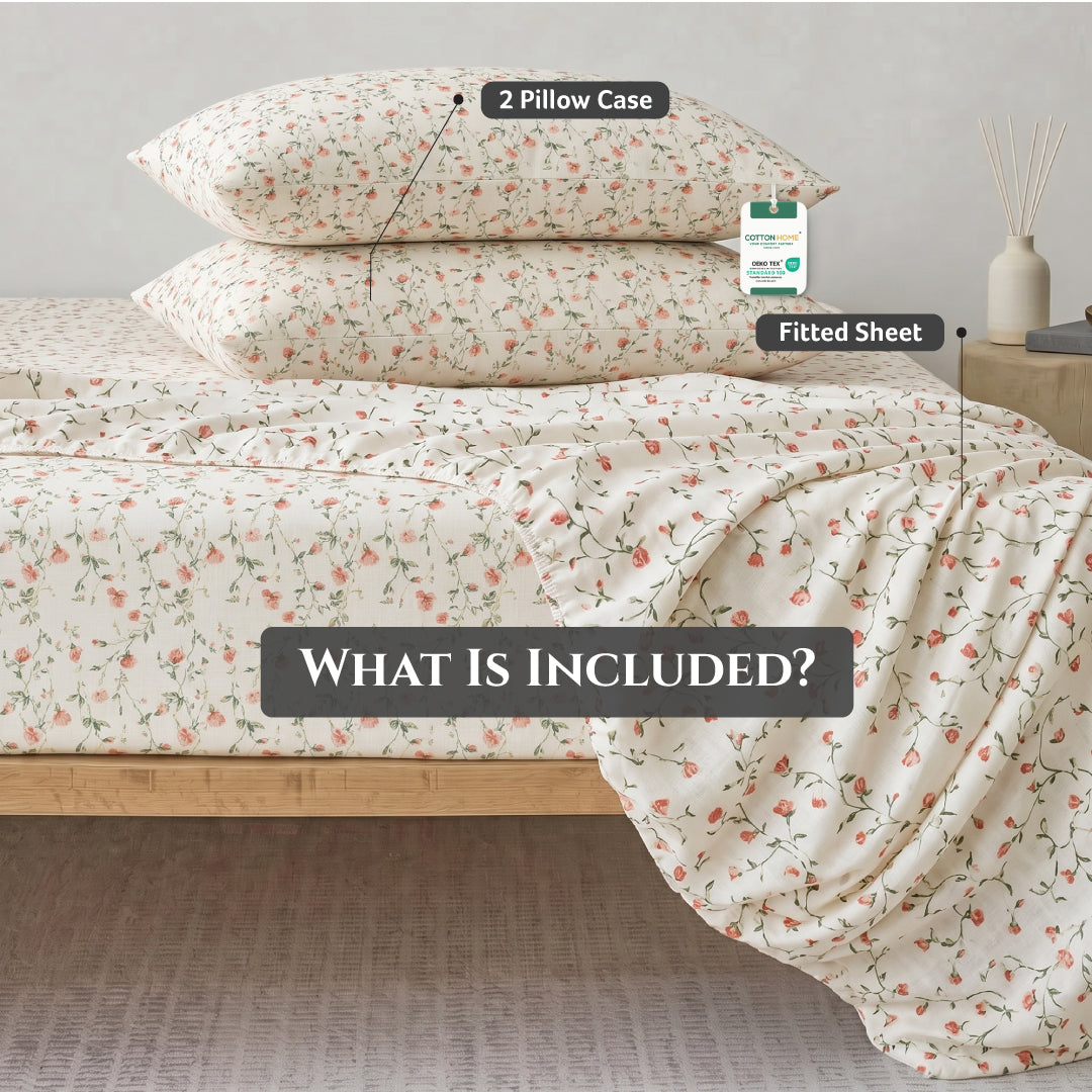 Premium Cotton King Size Printed Fitted Sheet 200X200+30CM -Botanical