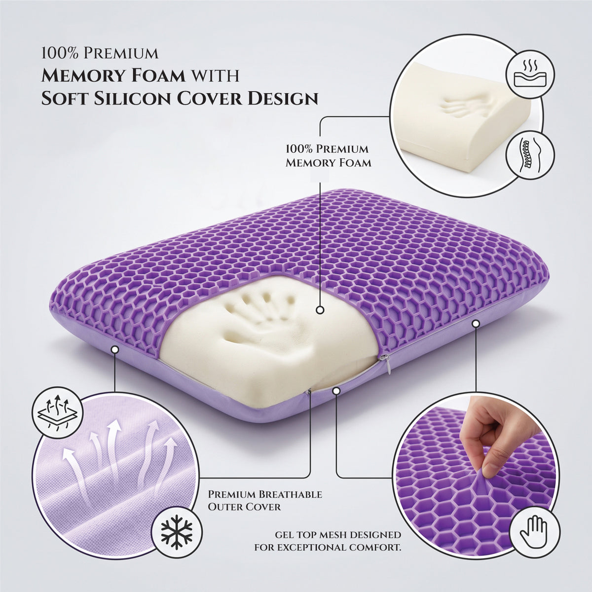 Flexi Grid Soft Purple Gel Top Memory Foam Pillow 40x60x14cm
