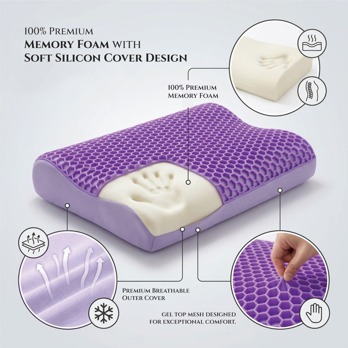Flexi Grid Contour Memory Foam Pillow with Soft Purple Gel Top 40x60x10/12cm