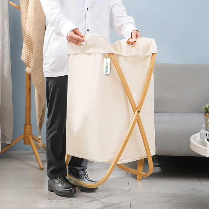 Foldable Laundry Basket with Bamboo Handles Collapsible Hamper for Storage, Clothes