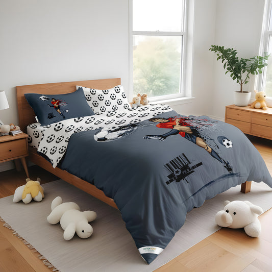 Kids Duvet Cover Set - 4 Pc - Foot Ball Player Print 160x220cm | Cotton Home - Cotton Home