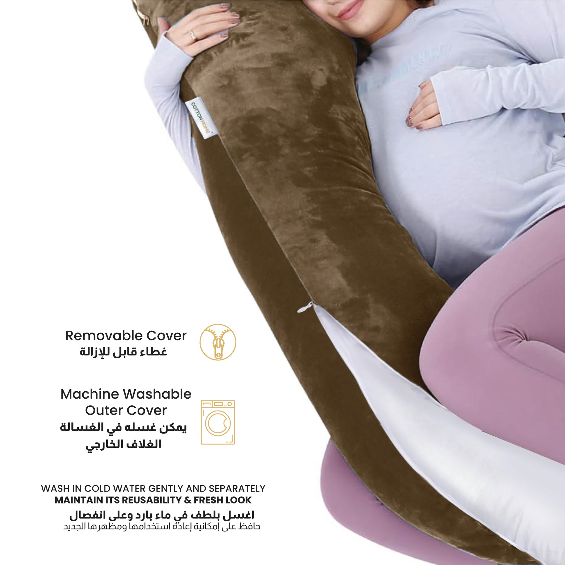 Serenity Velvet Pregnancy Pillow G-Shape Full Body Pillow With Removable Cover Brown