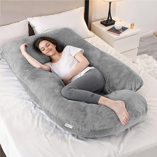 Serenity Velvet Pregnancy Pillow G-Shape Full Body Pillow  With Removable Cover Grey - Cotton Home