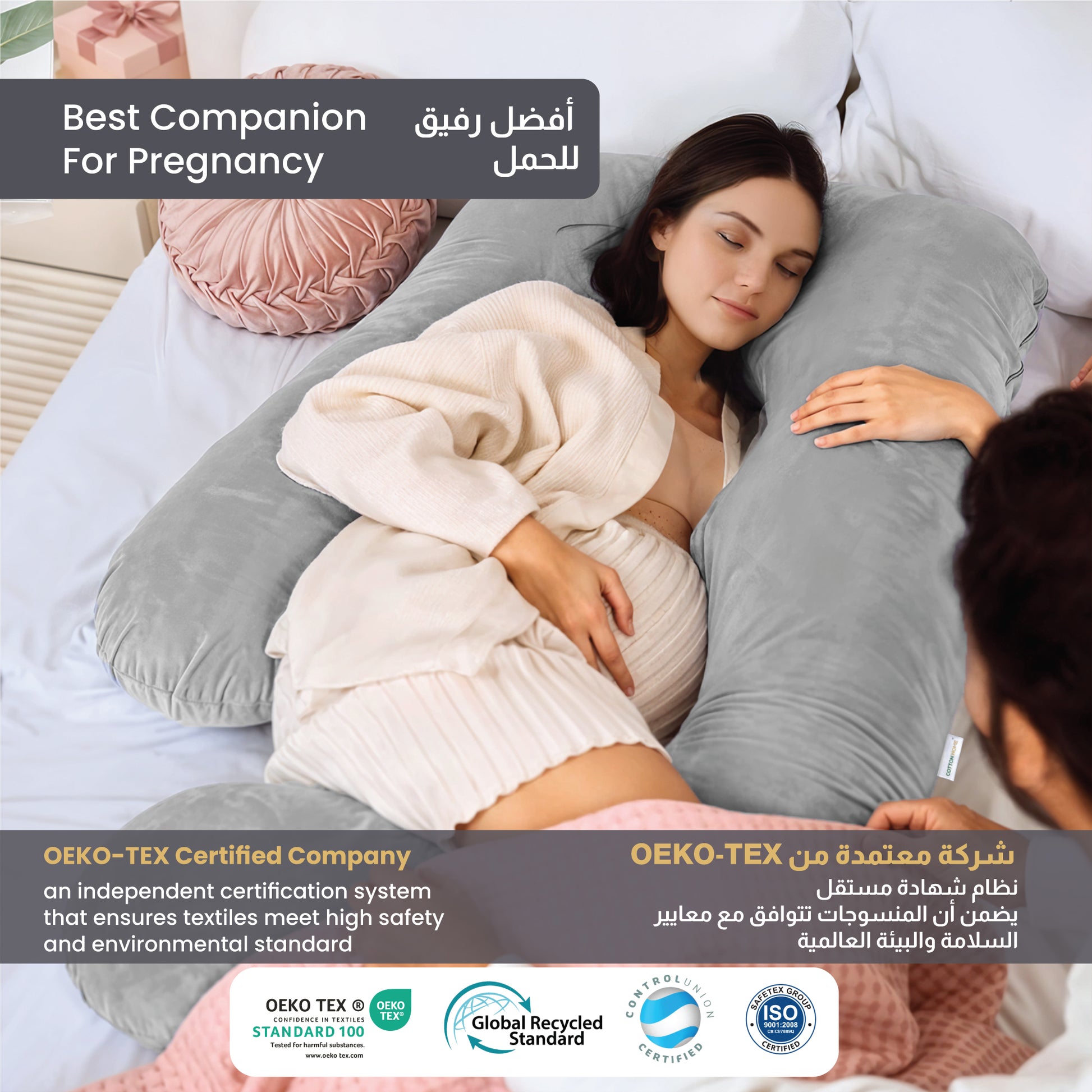 Serenity Velvet Pregnancy Pillow G-Shape Full Body Pillow  With Removable Cover Grey - Cotton Home