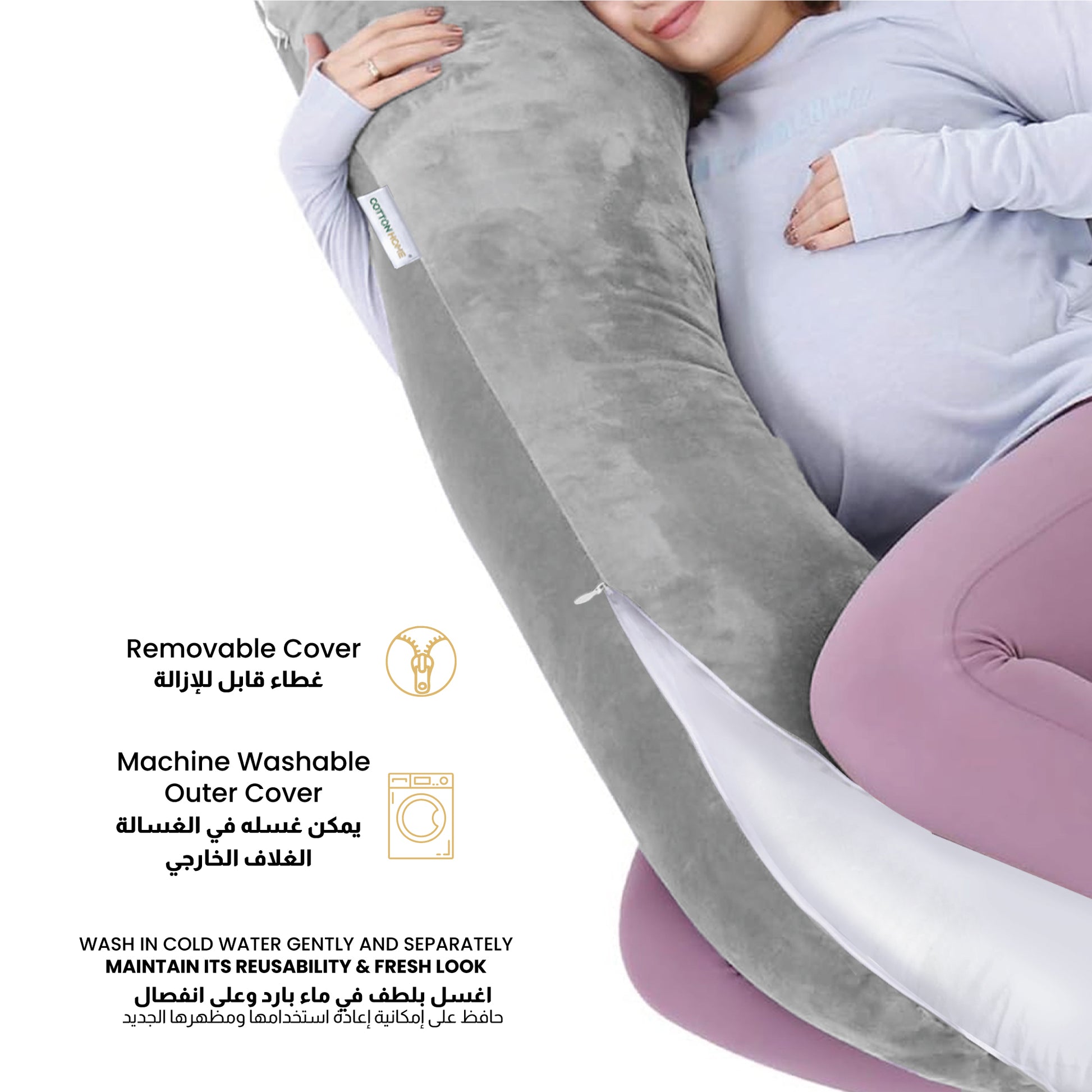 Serenity Velvet Pregnancy Pillow G-Shape Full Body Pillow  With Removable Cover Grey - Cotton Home