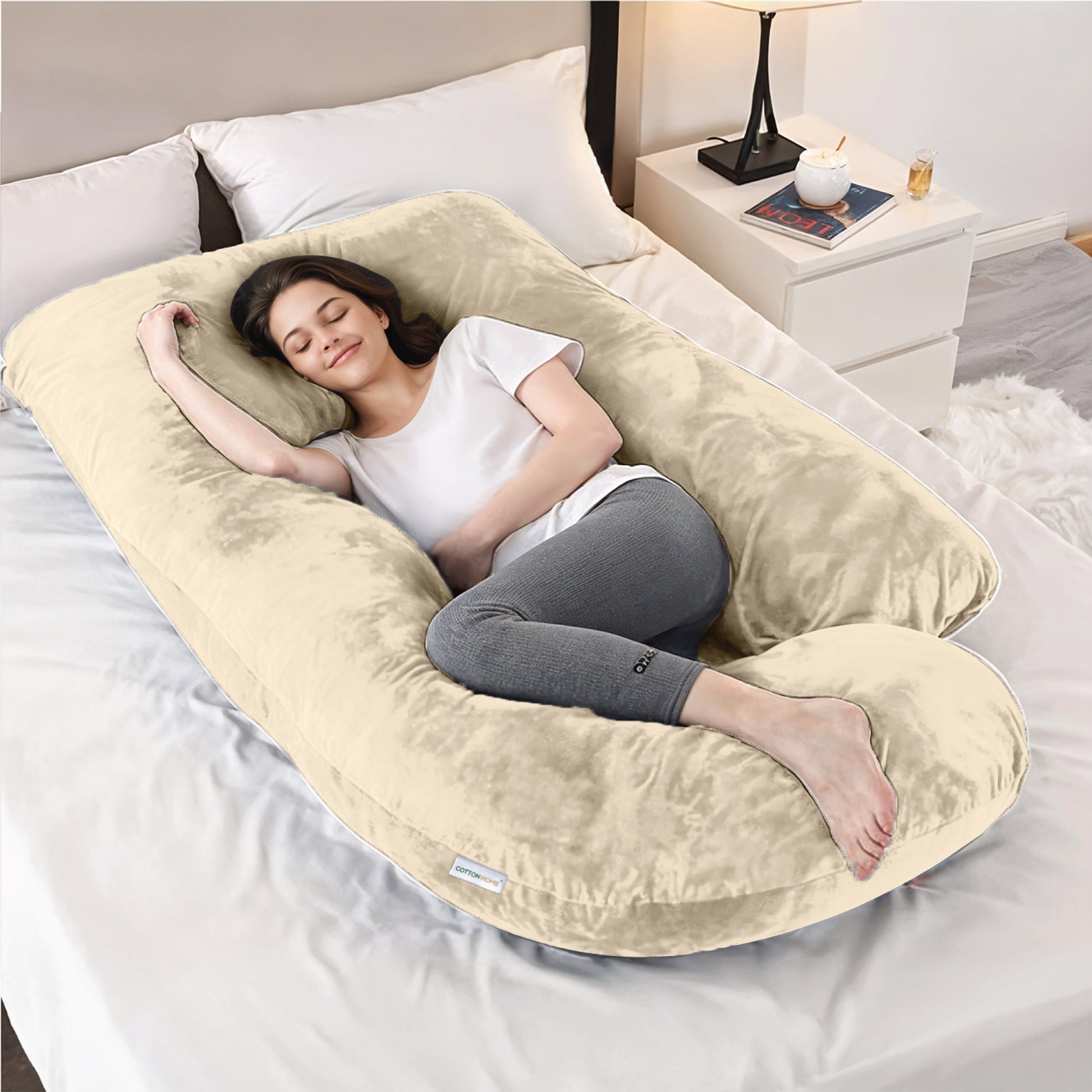 Serenity Velvet Pregnancy Pillow G-Shape Full Body Pillow  With Removable Cover Ivory - Cotton Home