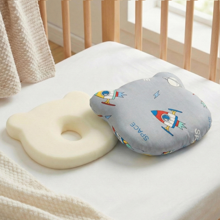 Memory Foam Baby Pillow Pack of 2  Soft Cotton Removable Cover 25x20 cm Grey