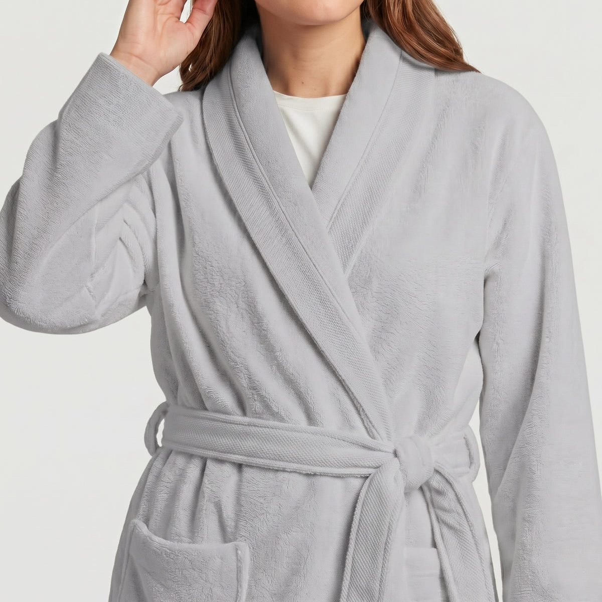 Plush Cotton Adult Bathrobe 100% Cotton Thick & Absorbent - Light Grey