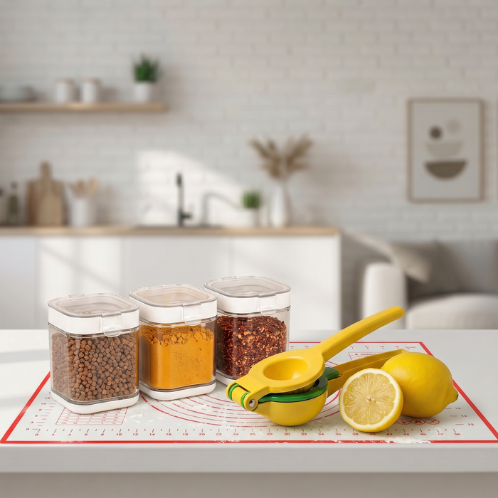 Kitchen Essentials Bundle – Lemon Squeezer, Silicone Baking Mat & Airtight Glass Storage